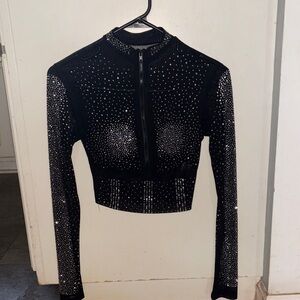 Black Rhinestone Crop Top zips jacket Small Excellent#rave#softgrunge#party#NYE